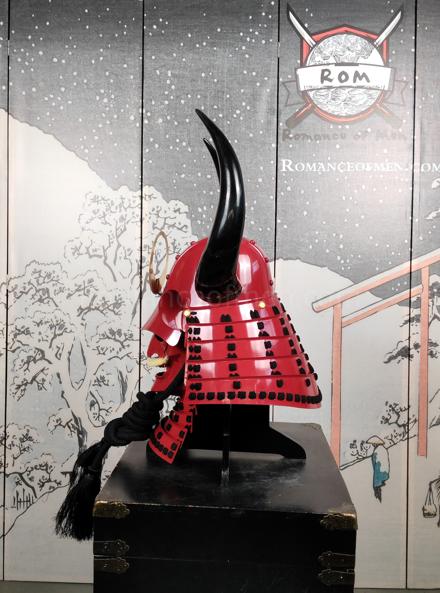 Red Samurai Helmet Horn Wakidate and Mustache