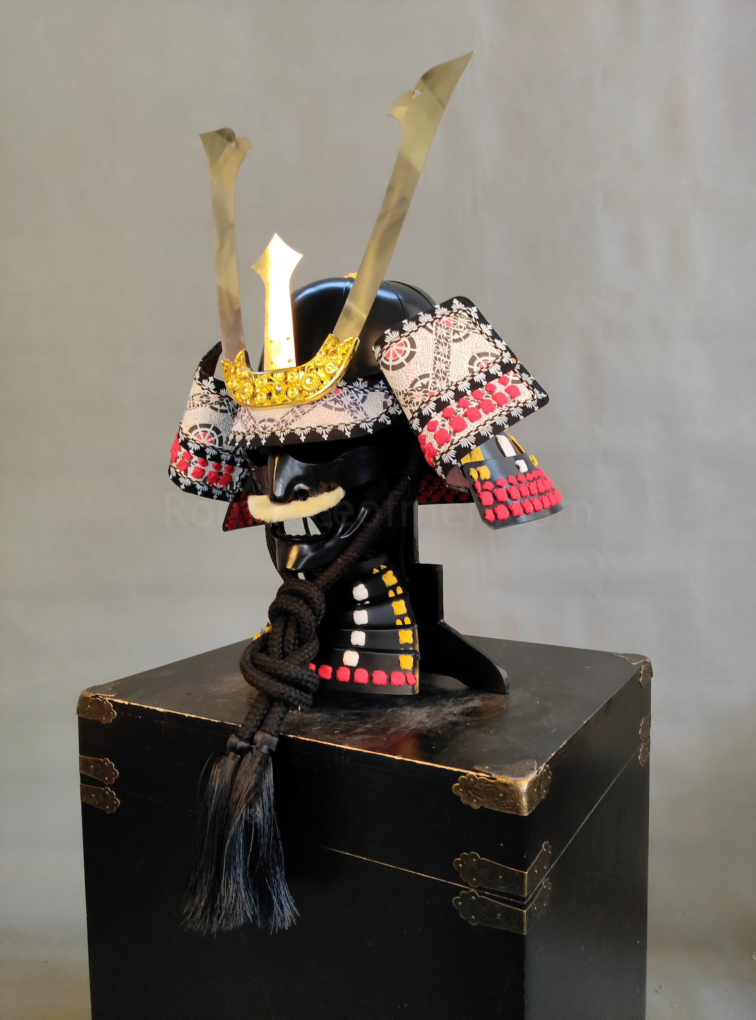 Black and Gold Samurai Helmet Trident Maedate and Mustache