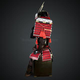 Black & Red Samurai armor Oyoroi style Kamon Maedate Black armor color with Kamon on Chest mixed with Red cords