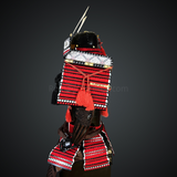 Black & Red Samurai armor Oyoroi style Kamon Maedate Black armor color with Kamon on Chest mixed with Red cords