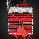 Black & Red Samurai armor Oyoroi style Kamon Maedate Black armor color with Kamon on Chest mixed with Red cords