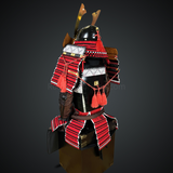 Black & Red Samurai armor Oyoroi style Kamon Maedate Black armor color with Kamon on Chest mixed with Red cords