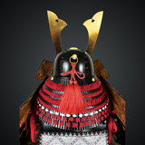 Black & Red Samurai armor Oyoroi style Kamon Maedate Black armor color with Kamon on Chest mixed with Red cords