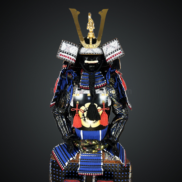 Black and blue Samurai Armor Oyoroi Style Dragon Maedate Black Kabuto and Do Mixed with Blue Cords