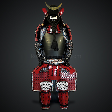 Black & Red Samurai Armor Tosei Gusoku Style Crescent Moon Maedate Black Kabuto and Chest Red Sode and Haidate