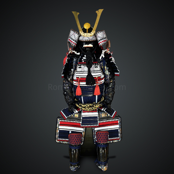 Black and white Samurai Armor Oyoroi Style Kamon Kuwagata Maedate Menpo with Beard Black Armor color with white red blue cords