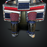 Black and white Samurai Armor Oyoroi Style Kamon Kuwagata Maedate Menpo with Beard Black Armor color with white red blue cords