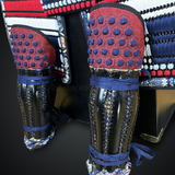 Black and white Samurai Armor Oyoroi Style Kamon Kuwagata Maedate Menpo with Beard Black Armor color with white red blue cords