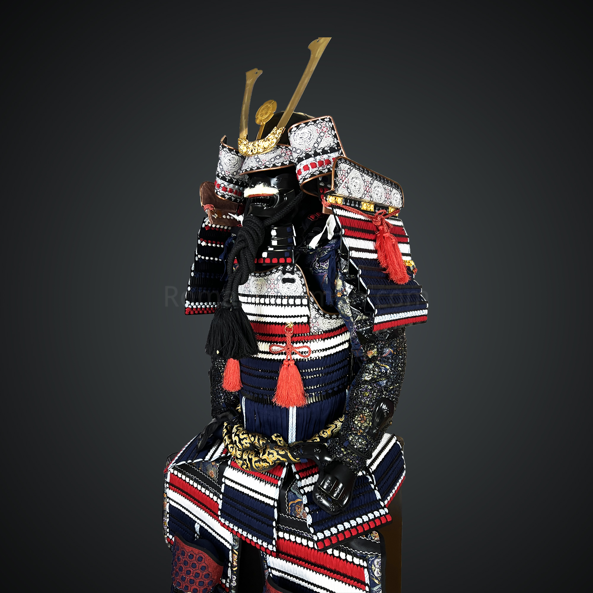 Black and white Samurai Armor Oyoroi Style Kamon Kuwagata Maedate Menpo with Beard Black Armor color with white red blue cords