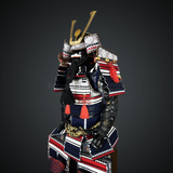Black and white Samurai Armor Oyoroi Style Kamon Kuwagata Maedate Menpo with Beard Black Armor color with white red blue cords