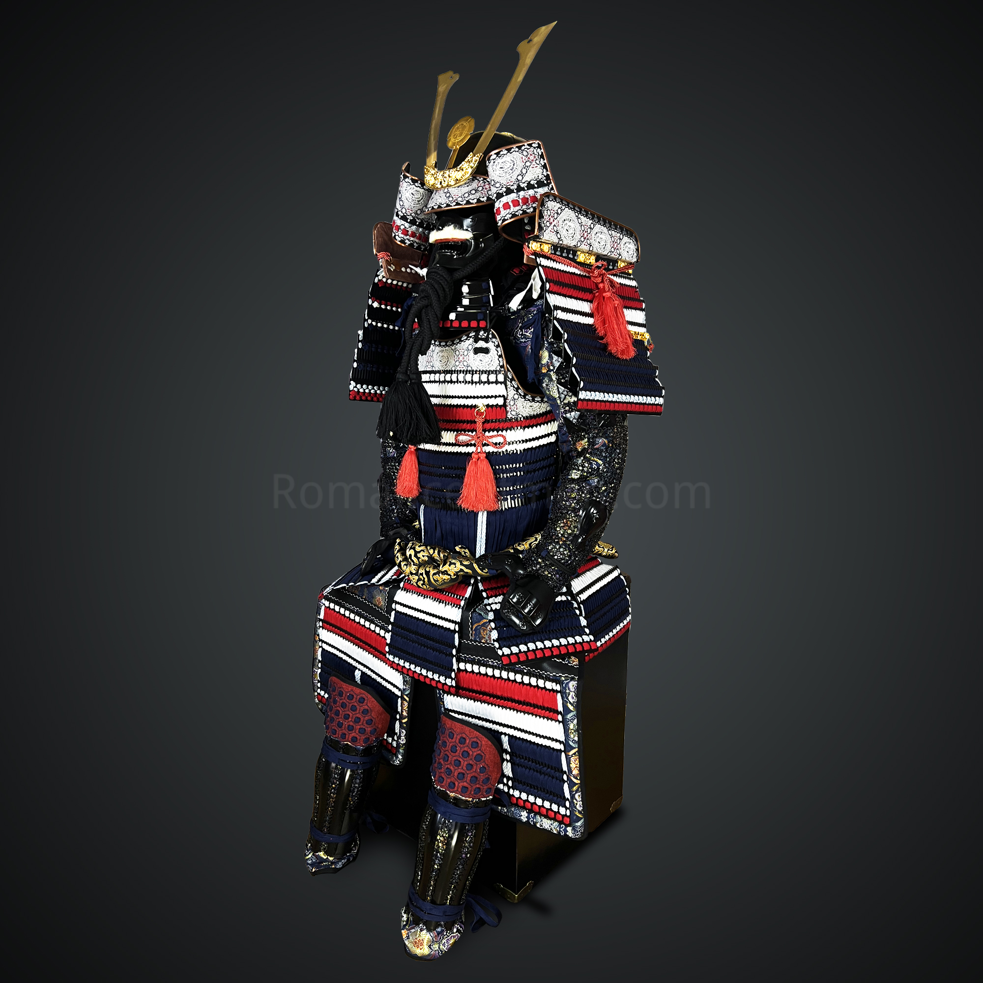 Black and white Samurai Armor Oyoroi Style Kamon Kuwagata Maedate Menpo with Beard Black Armor color with white red blue cords