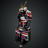 Black and white Samurai Armor Oyoroi Style Kamon Kuwagata Maedate Menpo with Beard Black Armor color with white red blue cords