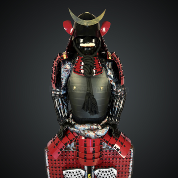 Black & Red Samurai Armor Tosei Gusoku Style Crescent Moon Maedate Black Kabuto and Chest Red Sode and Haidate