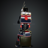 Black and white Samurai Armor Oyoroi Style Kamon Kuwagata Maedate Menpo with Beard Black Armor color with white red blue cords