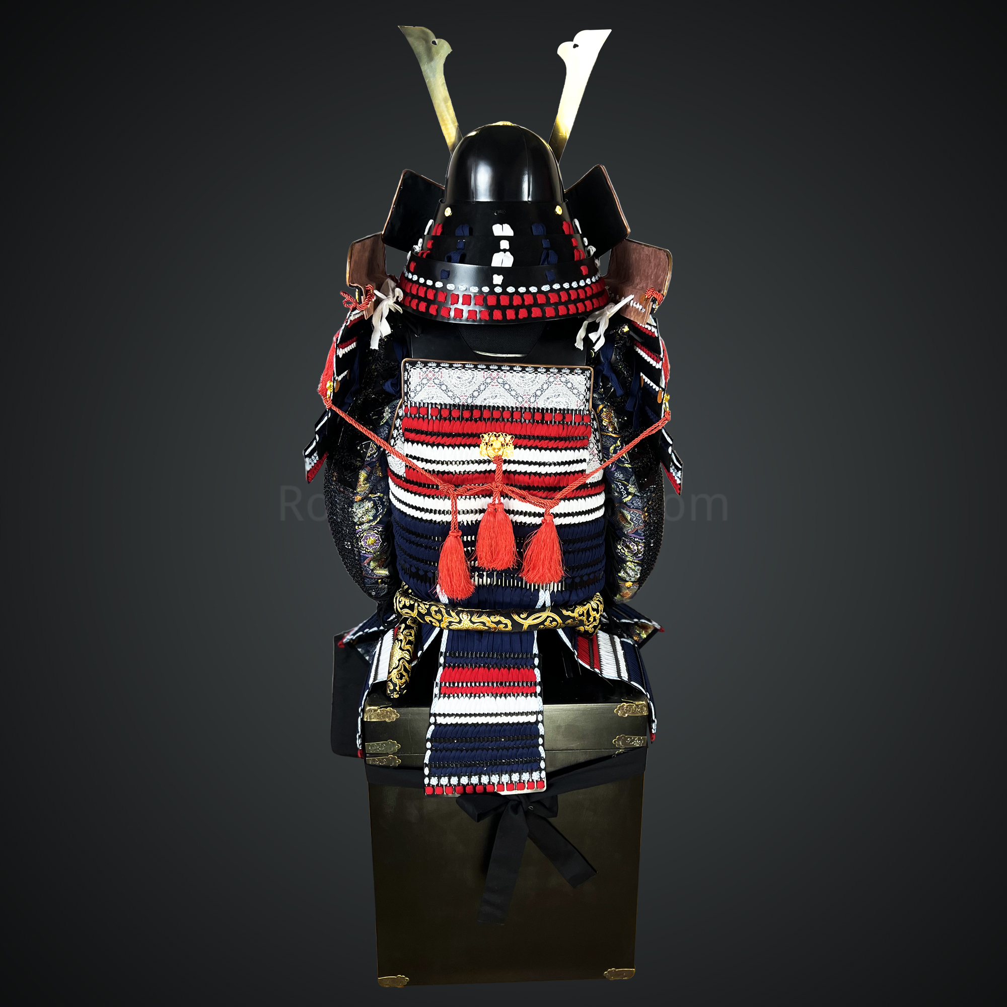 Black and white Samurai Armor Oyoroi Style Kamon Kuwagata Maedate Menpo with Beard Black Armor color with white red blue cords