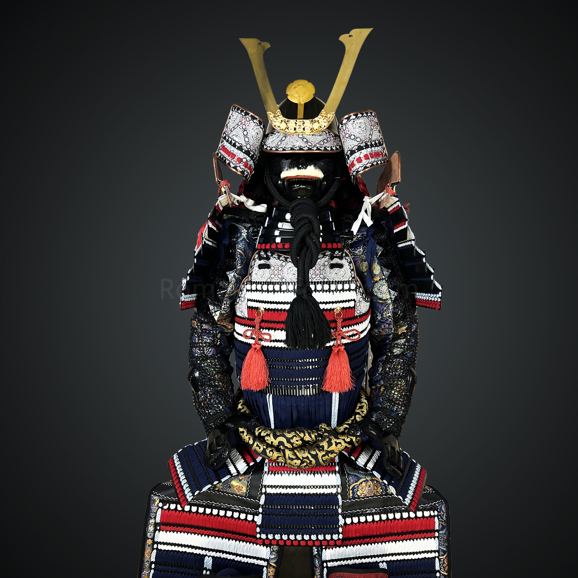 Black and white Samurai Armor Oyoroi Style Kamon Kuwagata Maedate Menpo with Beard Black Armor color with white red blue cords