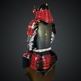 Black & Red Samurai Armor Tosei Gusoku Style Crescent Moon Maedate Black Kabuto and Chest Red Sode and Haidate