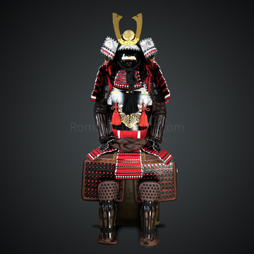 Black & Red Samurai armor Oyoroi style Kamon Maedate Black armor color with Kamon on Chest mixed with Red cords