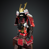 Black & Red Samurai armor Oyoroi style Kamon Maedate Black armor color with Kamon on Chest mixed with Red cords