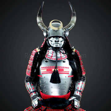 Sanada Masayuki Silver and Black Samurai Armor Tosei Gusoku Style Buffalo Horn Wakidate Circle Maedate Silver Scales with Red Cords