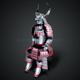 Sanada Masayuki Silver and Black Samurai Armor Tosei Gusoku Style Buffalo Horn Wakidate Circle Maedate Silver Scales with Red Cords