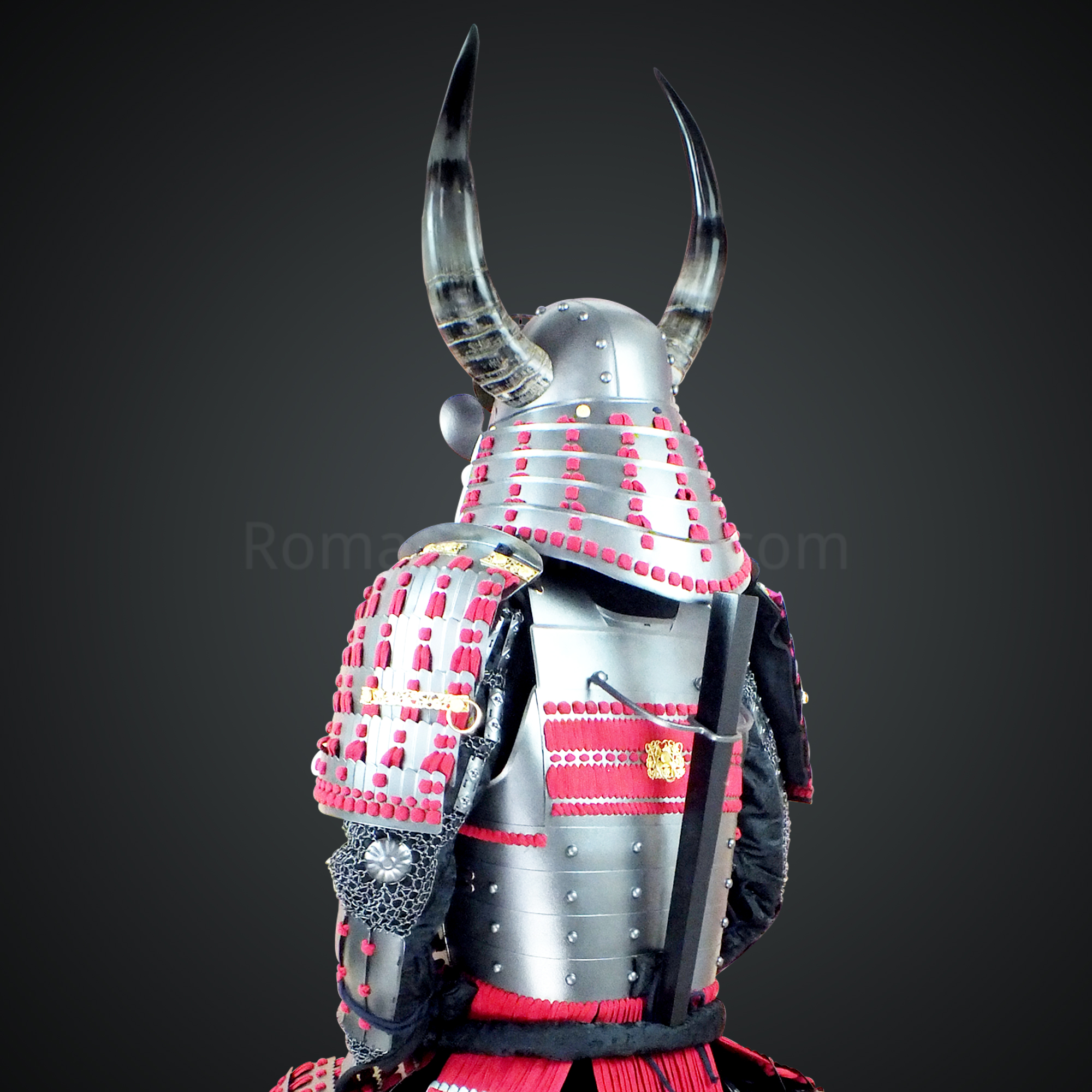 Sanada Masayuki Silver and Black Samurai Armor Tosei Gusoku Style Buffalo Horn Wakidate Circle Maedate Silver Scales with Red Cords