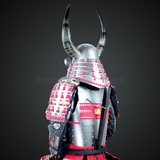 Sanada Masayuki Silver and Black Samurai Armor Tosei Gusoku Style Buffalo Horn Wakidate Circle Maedate Silver Scales with Red Cords