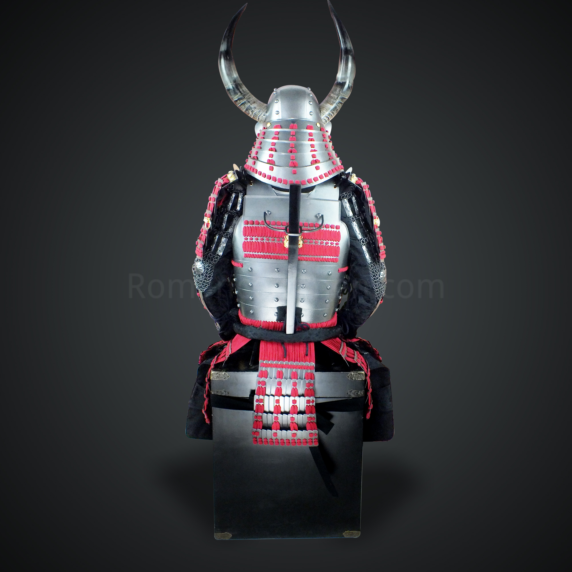 Sanada Masayuki Silver and Black Samurai Armor Tosei Gusoku Style Buffalo Horn Wakidate Circle Maedate Silver Scales with Red Cords