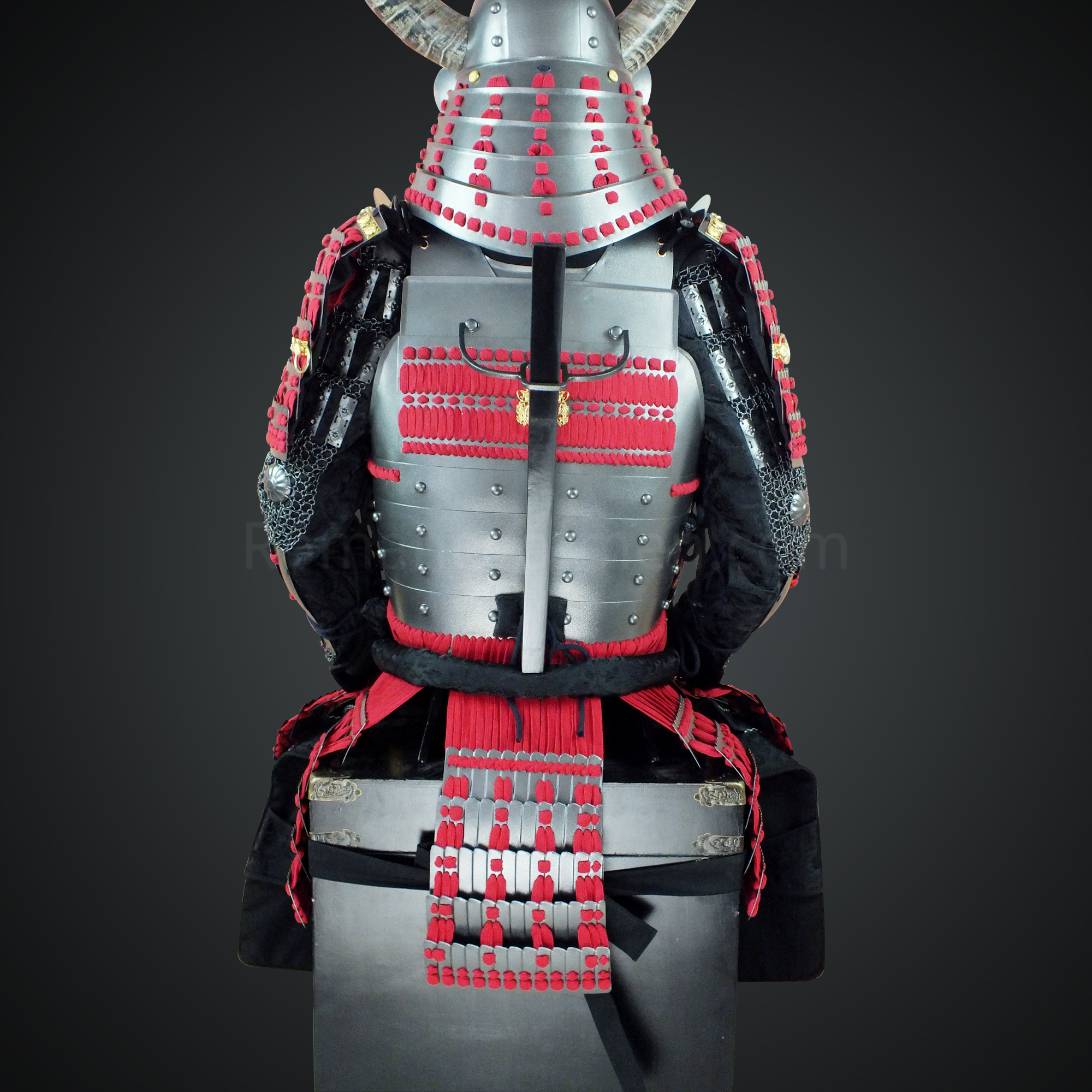 Sanada Masayuki Silver and Black Samurai Armor Tosei Gusoku Style Buffalo Horn Wakidate Circle Maedate Silver Scales with Red Cords