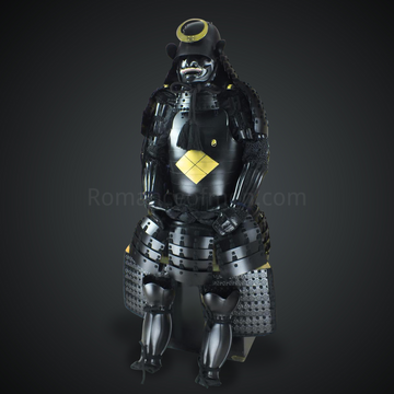 Kuroda Yoshitaka All Black Samurai Armor Tosei Gusoku Style Circle Maedate Black scales with Black Cords