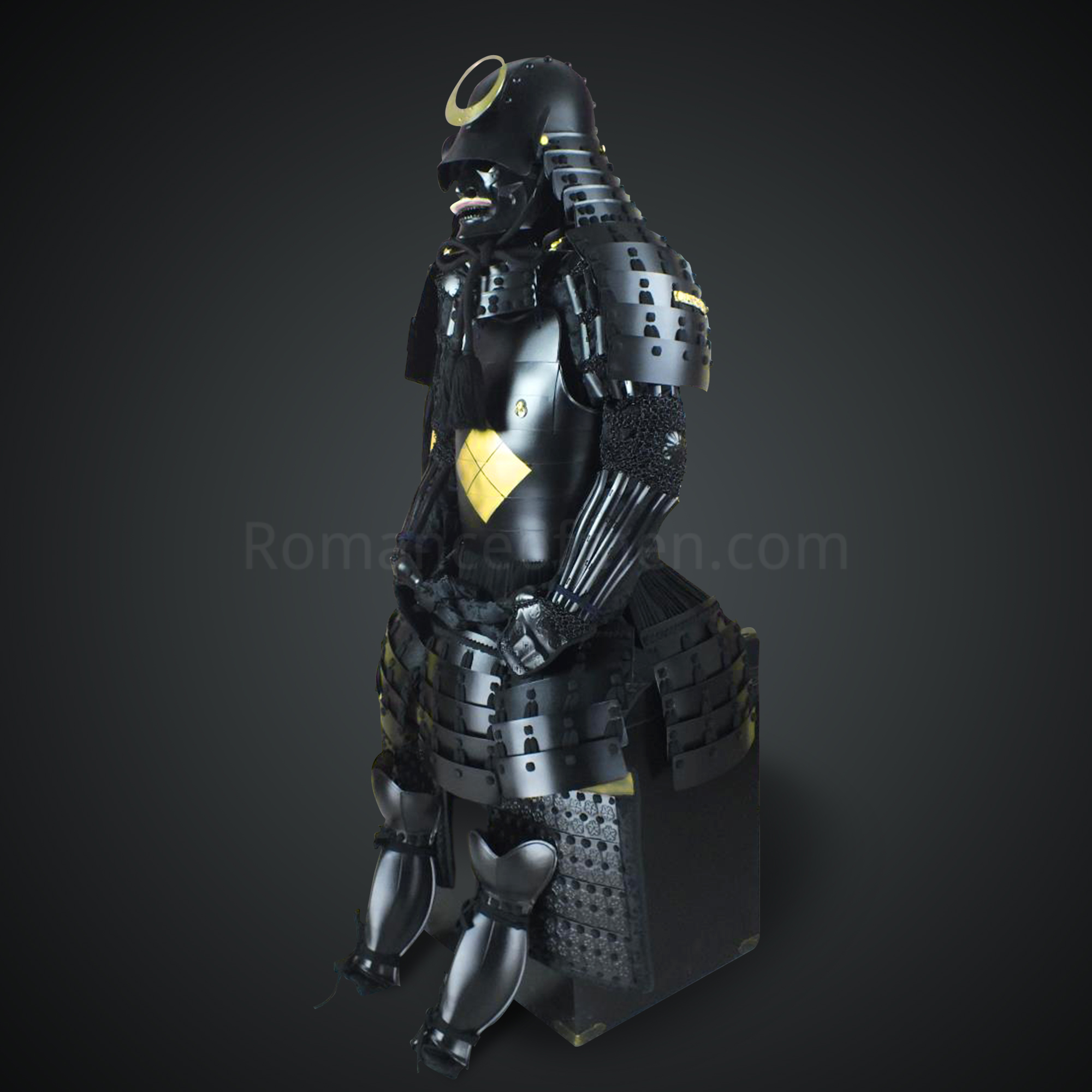 Kuroda Yoshitaka All Black Samurai Armor Tosei Gusoku Style Circle Maedate Black scales with Black Cords