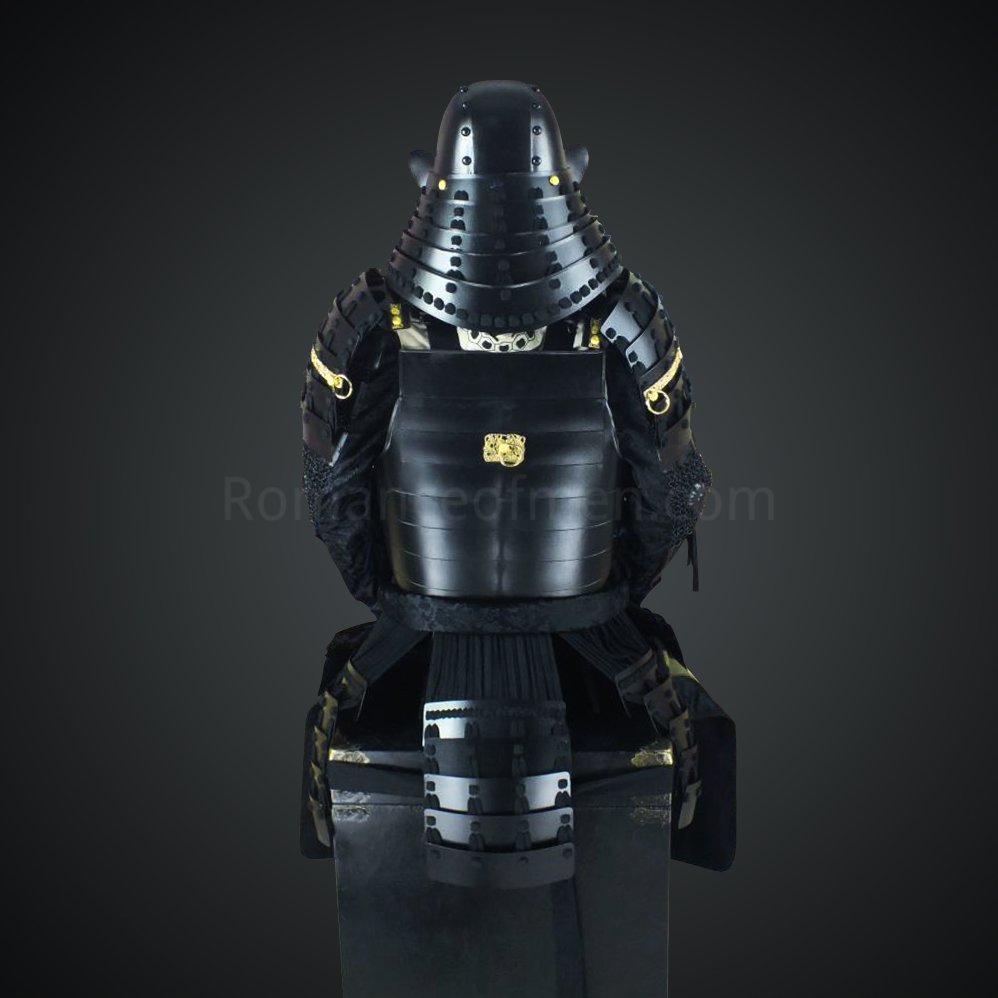 Kuroda Yoshitaka All Black Samurai Armor Tosei Gusoku Style Circle Maedate Black scales with Black Cords