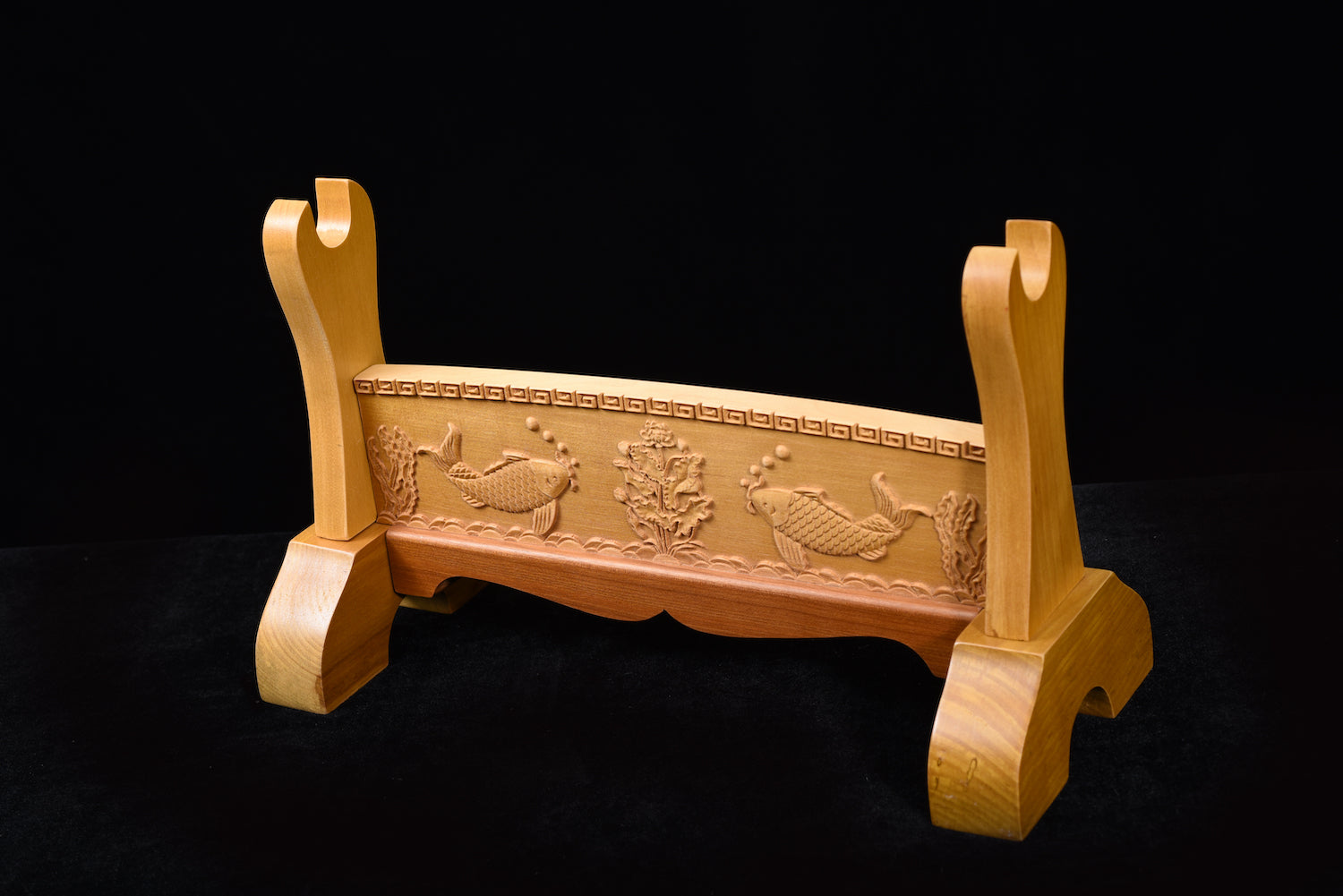 Brown Double Koi Solid Wood Single Tier Katana Stand