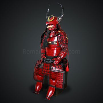 Shibata Katsuie Red and Black Samurai Armor Tosei Gusoku Style Buffalo Horn Wakidate Circle Maedate Shiny Red Scales and Black Cords