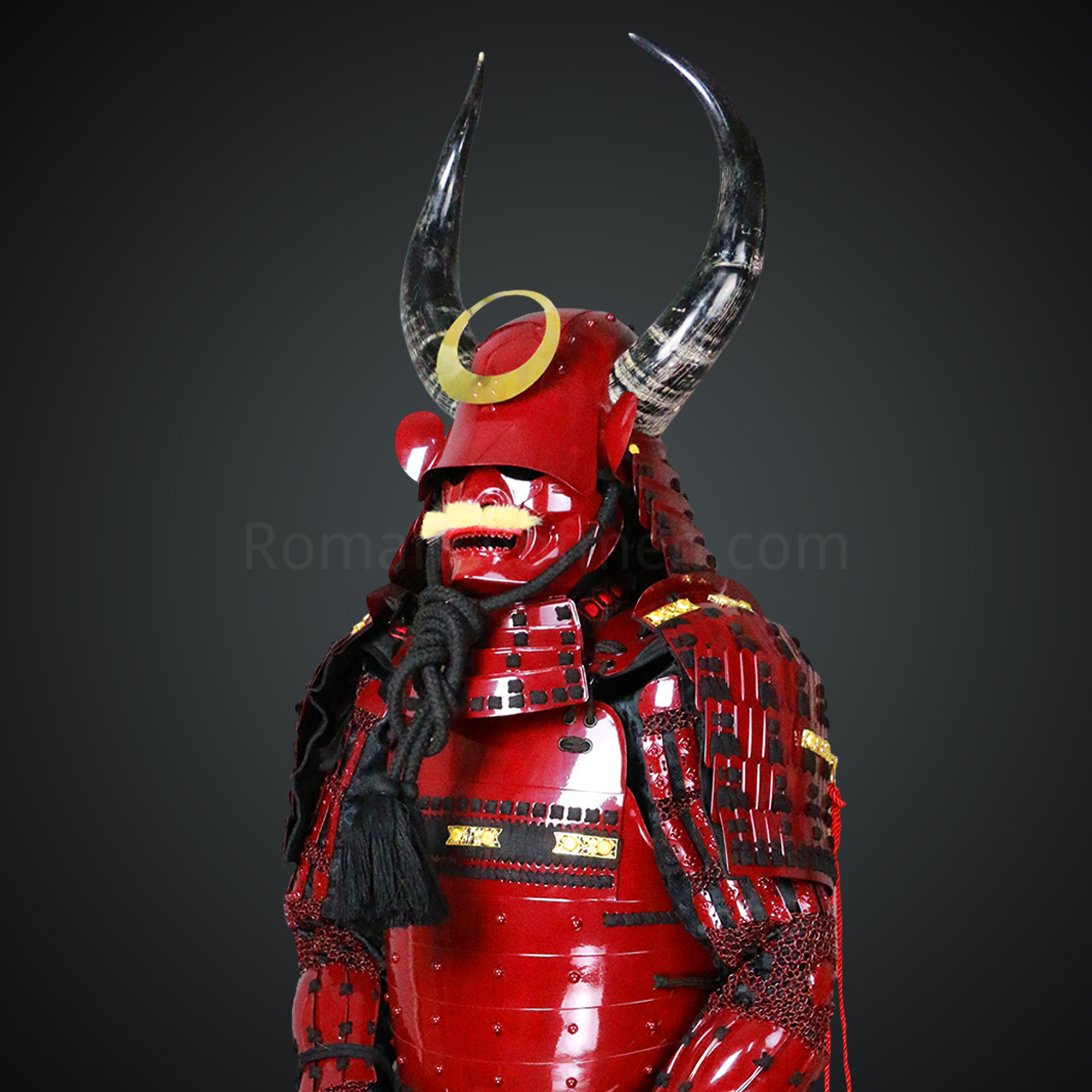 Shibata Katsuie Red and Black Samurai Armor Tosei Gusoku Style Buffalo Horn Wakidate Circle Maedate Shiny Red Scales and Black Cords