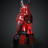Shibata Katsuie Red and Black Samurai Armor Tosei Gusoku Style Buffalo Horn Wakidate Circle Maedate Shiny Red Scales and Black Cords