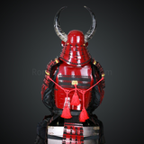 Shibata Katsuie Red and Black Samurai Armor Tosei Gusoku Style Buffalo Horn Wakidate Circle Maedate Shiny Red Scales and Black Cords