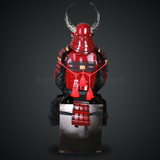 Shibata Katsuie Red and Black Samurai Armor Tosei Gusoku Style Buffalo Horn Wakidate Circle Maedate Shiny Red Scales and Black Cords