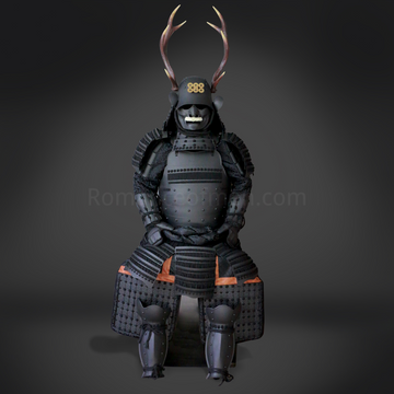 Sanada Yukimura All Black Samurai Armor Tosei Gusoku Style Deer Horn Wakidate Menpo With Beard All Black Scales and Cords