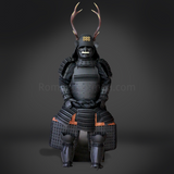 Sanada Yukimura All Black Samurai Armor Tosei Gusoku Style Deer Horn Wakidate Menpo With Beard All Black Scales and Cords