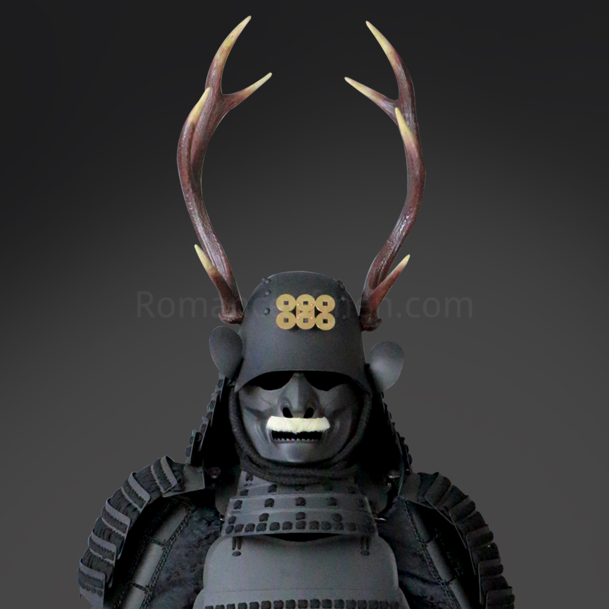 Sanada Yukimura All Black Samurai Armor Tosei Gusoku Style Deer Horn Wakidate Menpo With Beard All Black Scales and Cords