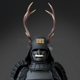 Sanada Yukimura All Black Samurai Armor Tosei Gusoku Style Deer Horn Wakidate Menpo With Beard All Black Scales and Cords