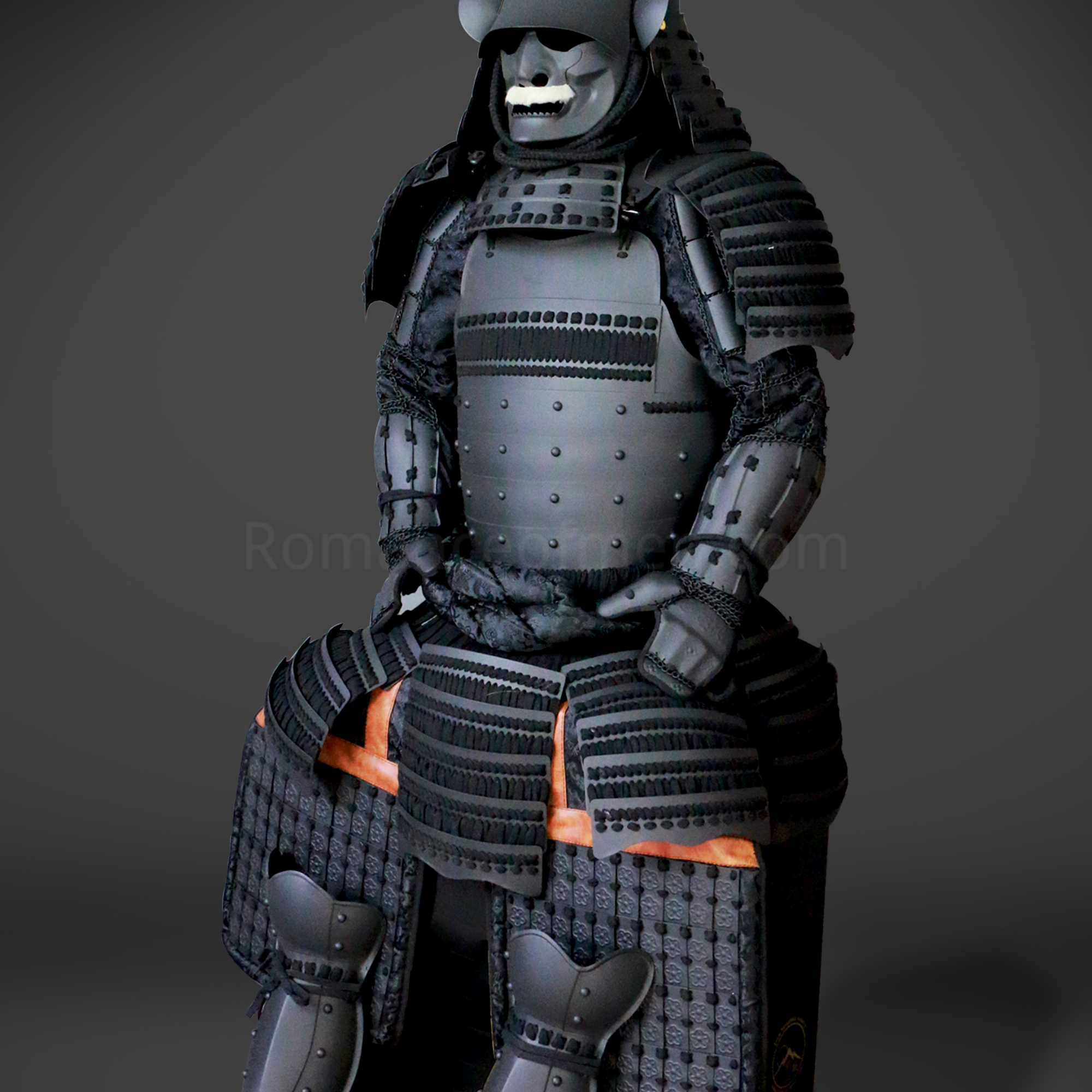Sanada Yukimura All Black Samurai Armor Tosei Gusoku Style Deer Horn Wakidate Menpo With Beard All Black Scales and Cords