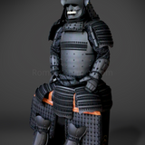 Sanada Yukimura All Black Samurai Armor Tosei Gusoku Style Deer Horn Wakidate Menpo With Beard All Black Scales and Cords