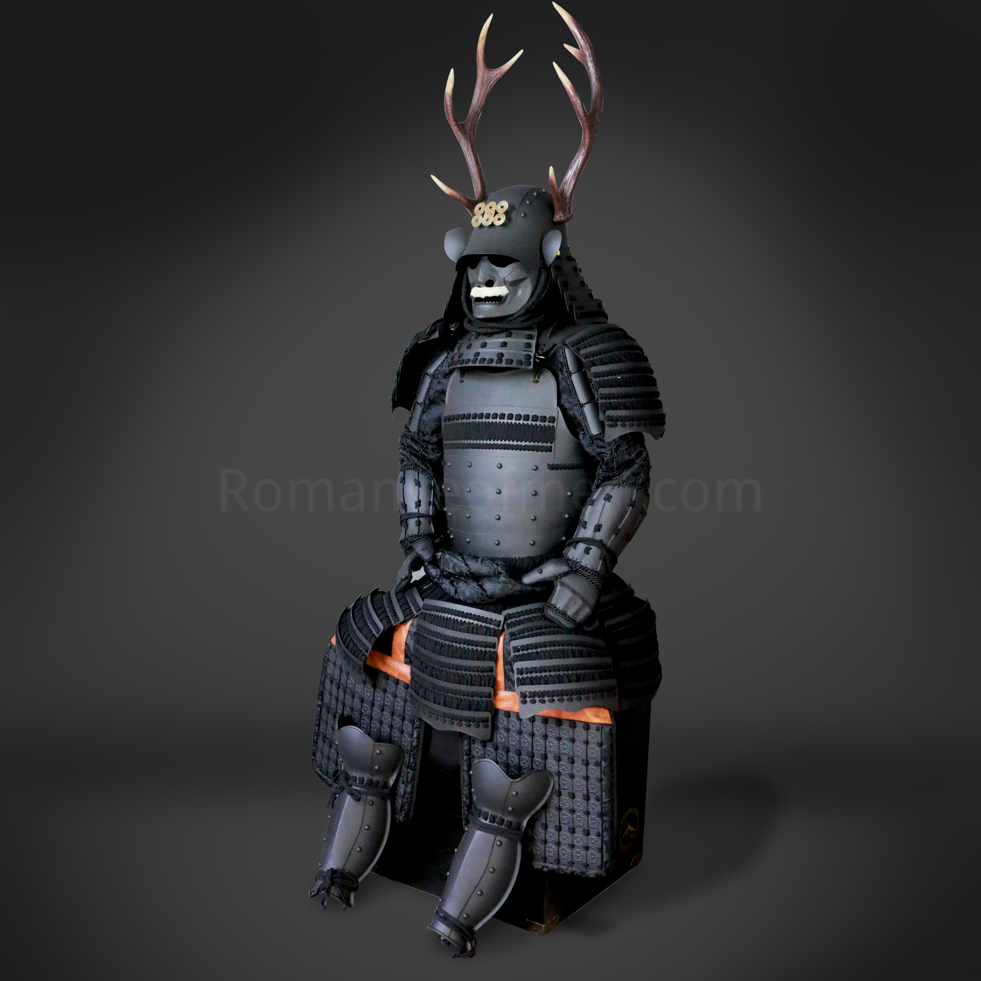 Sanada Yukimura All Black Samurai Armor Tosei Gusoku Style Deer Horn Wakidate Menpo With Beard All Black Scales and Cords