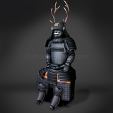 Sanada Yukimura All Black Samurai Armor Tosei Gusoku Style Deer Horn Wakidate Menpo With Beard All Black Scales and Cords