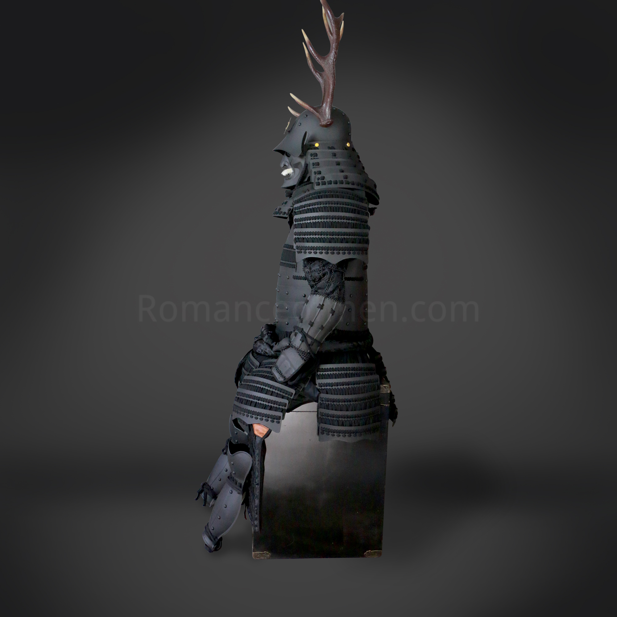 Sanada Yukimura All Black Samurai Armor Tosei Gusoku Style Deer Horn Wakidate Menpo With Beard All Black Scales and Cords