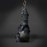 Sanada Yukimura All Black Samurai Armor Tosei Gusoku Style Deer Horn Wakidate Menpo With Beard All Black Scales and Cords
