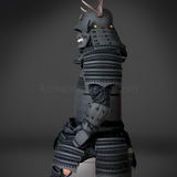 Sanada Yukimura All Black Samurai Armor Tosei Gusoku Style Deer Horn Wakidate Menpo With Beard All Black Scales and Cords