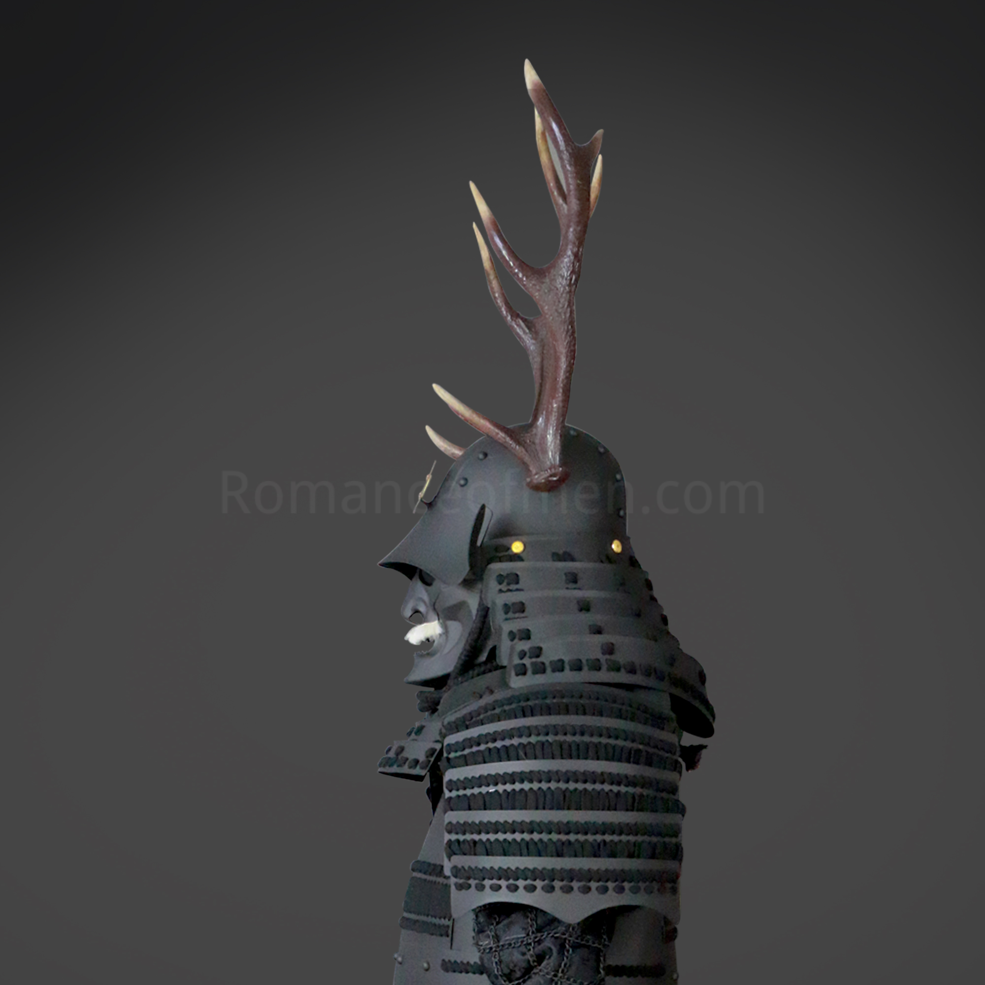 Sanada Yukimura All Black Samurai Armor Tosei Gusoku Style Deer Horn Wakidate Menpo With Beard All Black Scales and Cords